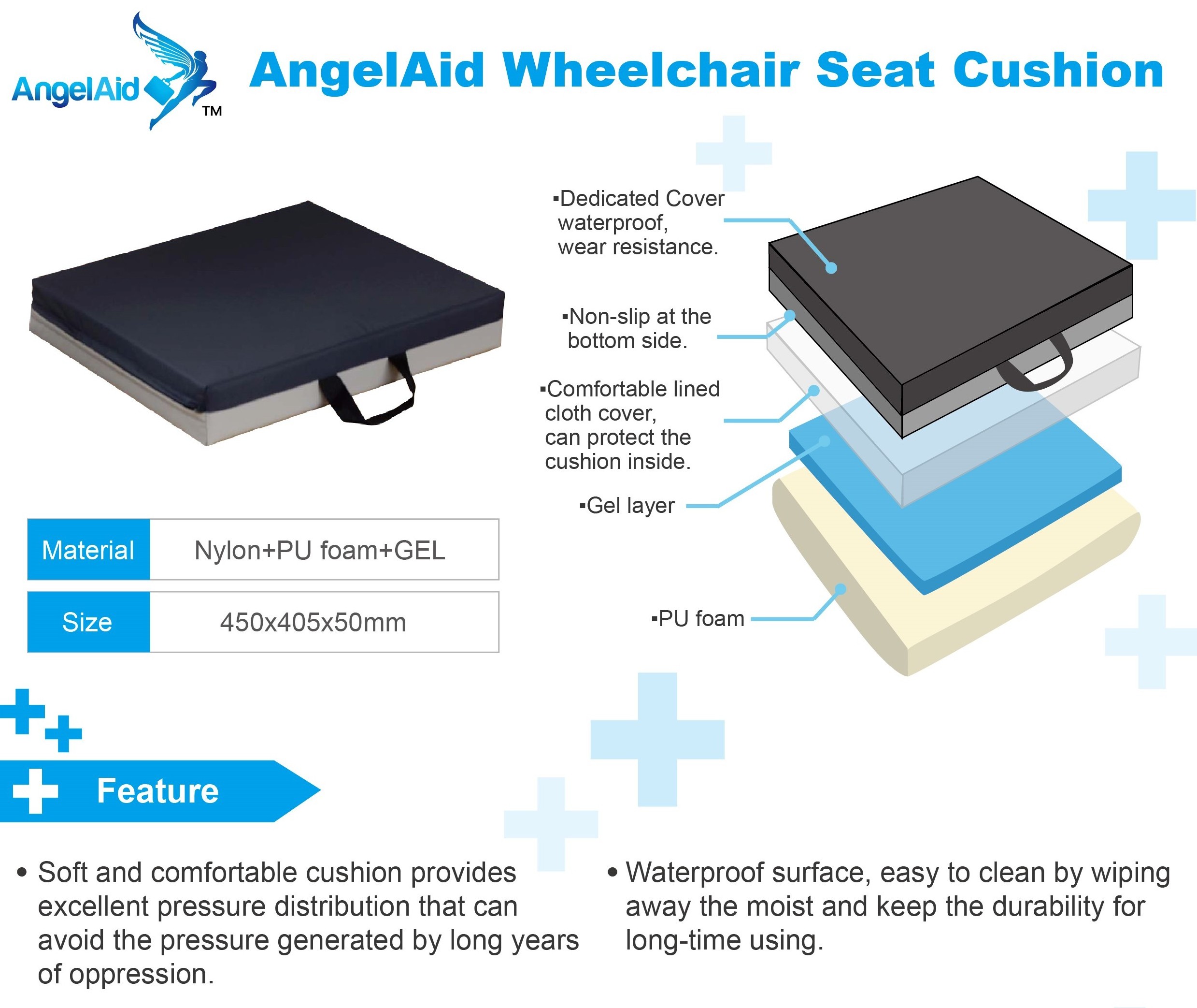 Taiwan Ergonomic PU foam + GEL silicone pressure relief medical wheelchair seat cushion with comfortable washable cover