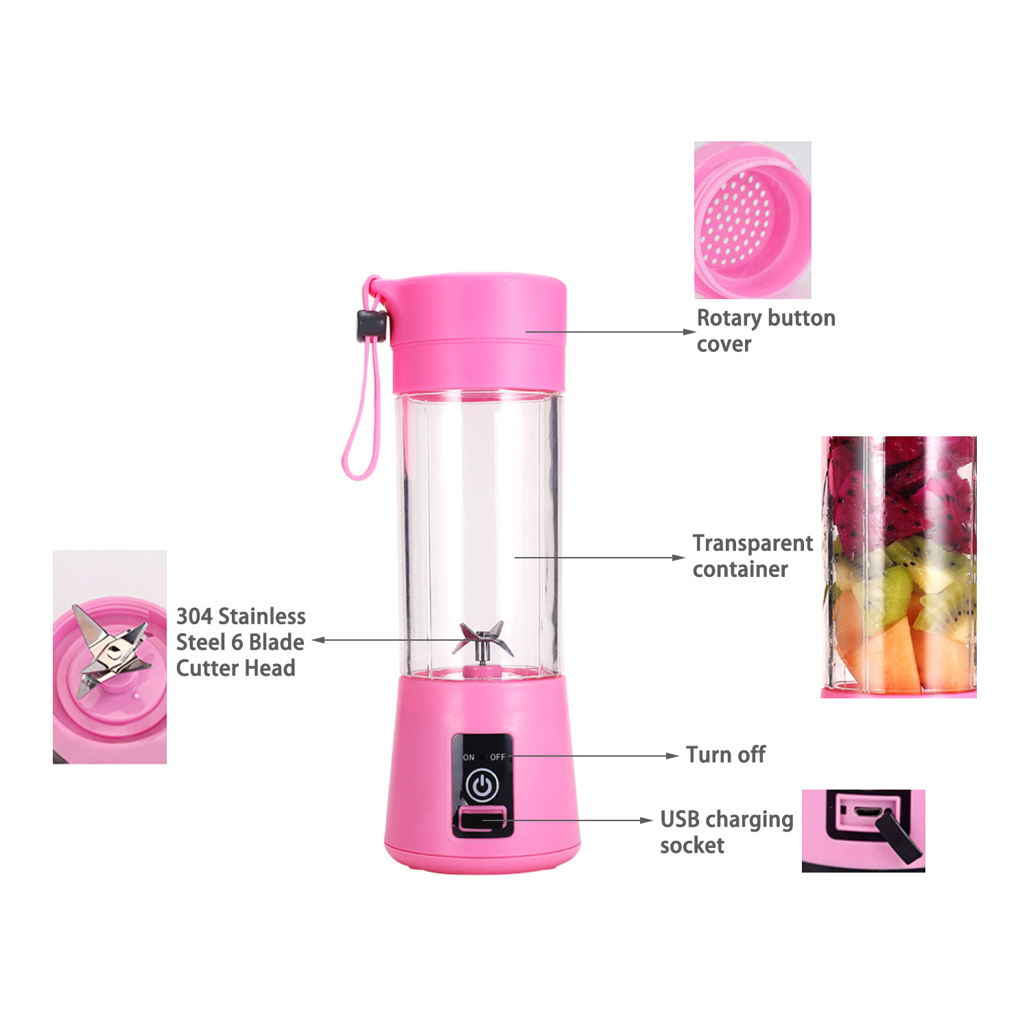 Outdoor traveling Personal Blender for Shakes and Smoothies with mixings Cup and Lid 380ml USB Juicer Cup