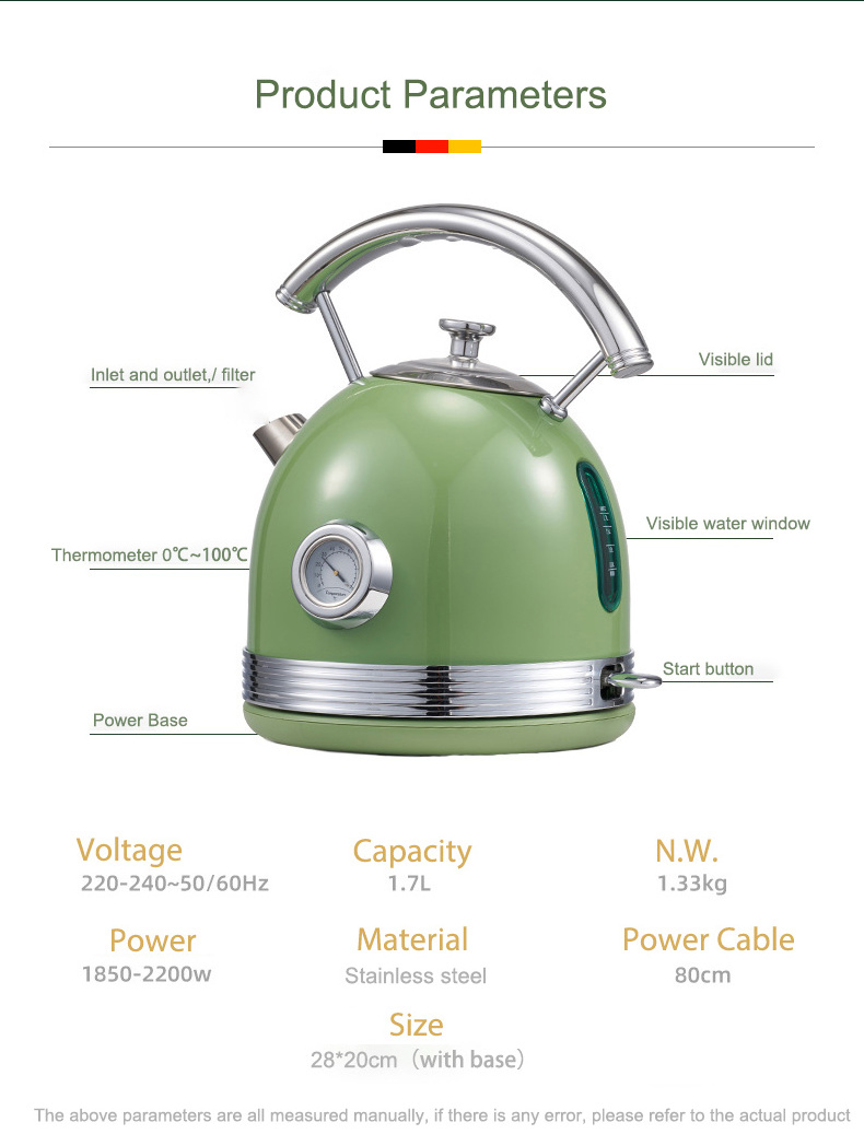 Modern design stainless steel new 2023 electric kettle retro green