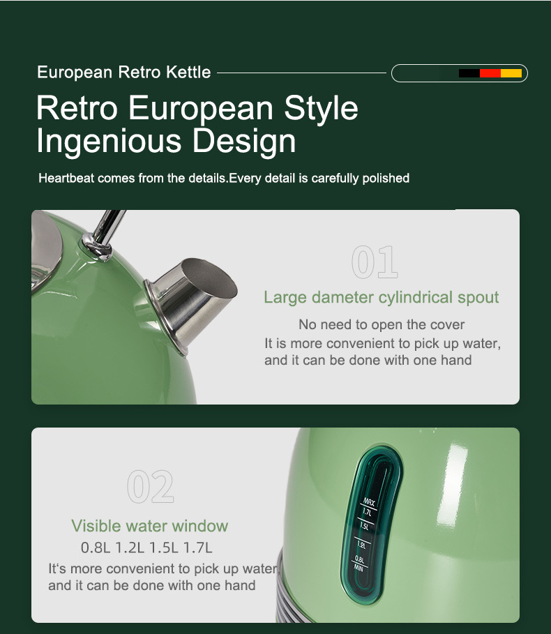 Modern design stainless steel new 2023 electric kettle retro green