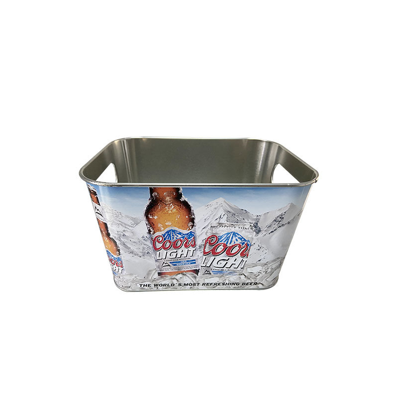 Custom Logo Square Shape Tinplate Tin Ice Bucket Wine For 6 Bottles of Beer Wine  Holder With Handle