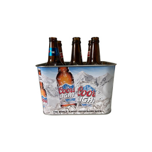 Custom Logo Square Shape Tinplate Tin Ice Bucket Wine For 6 Bottles of Beer Wine  Holder With Handle