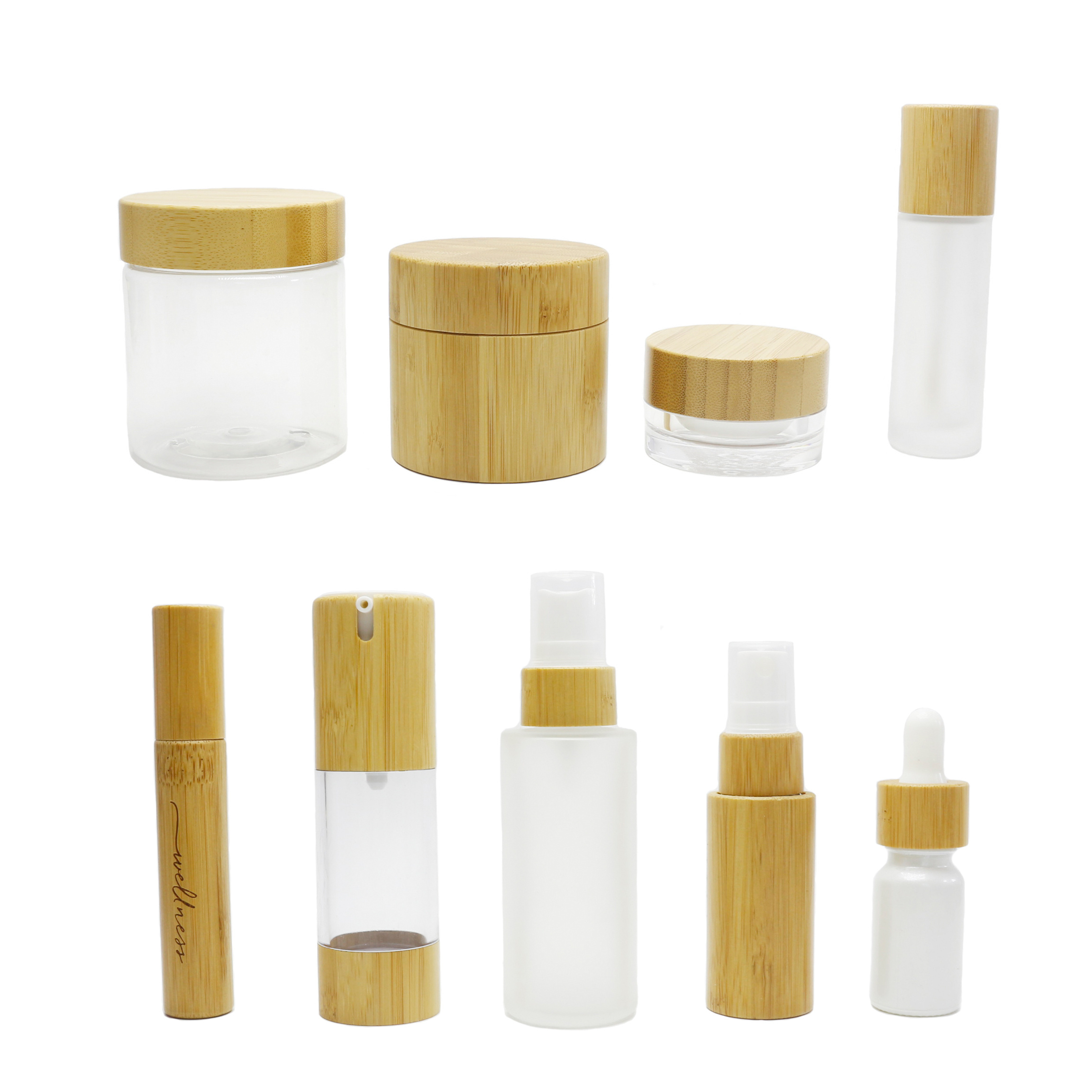 bamboo cosmetic packaging 30ml 50ml 100ml 120ml 150ml cosmetic glass bottles and jars with bamboo spray lotion lid BP-888AN