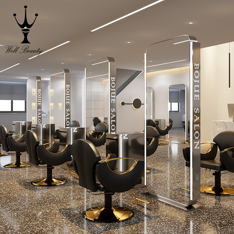 Floor LED Luxury Light LED Mirror Cabinet Hair Beauty Salon Furniture Barber Station