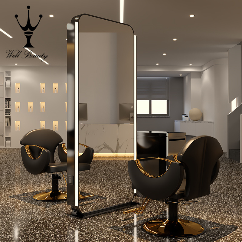 Floor LED Luxury Light LED Mirror Cabinet Hair Beauty Salon Furniture Barber Station