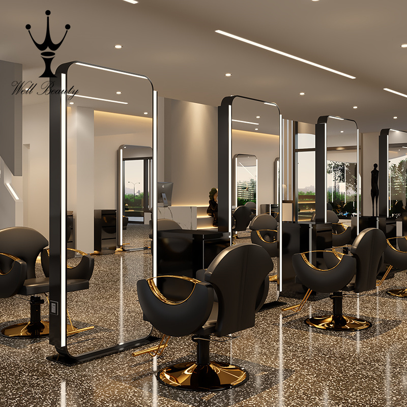 Floor LED Luxury Light LED Mirror Cabinet Hair Beauty Salon Furniture Barber Station