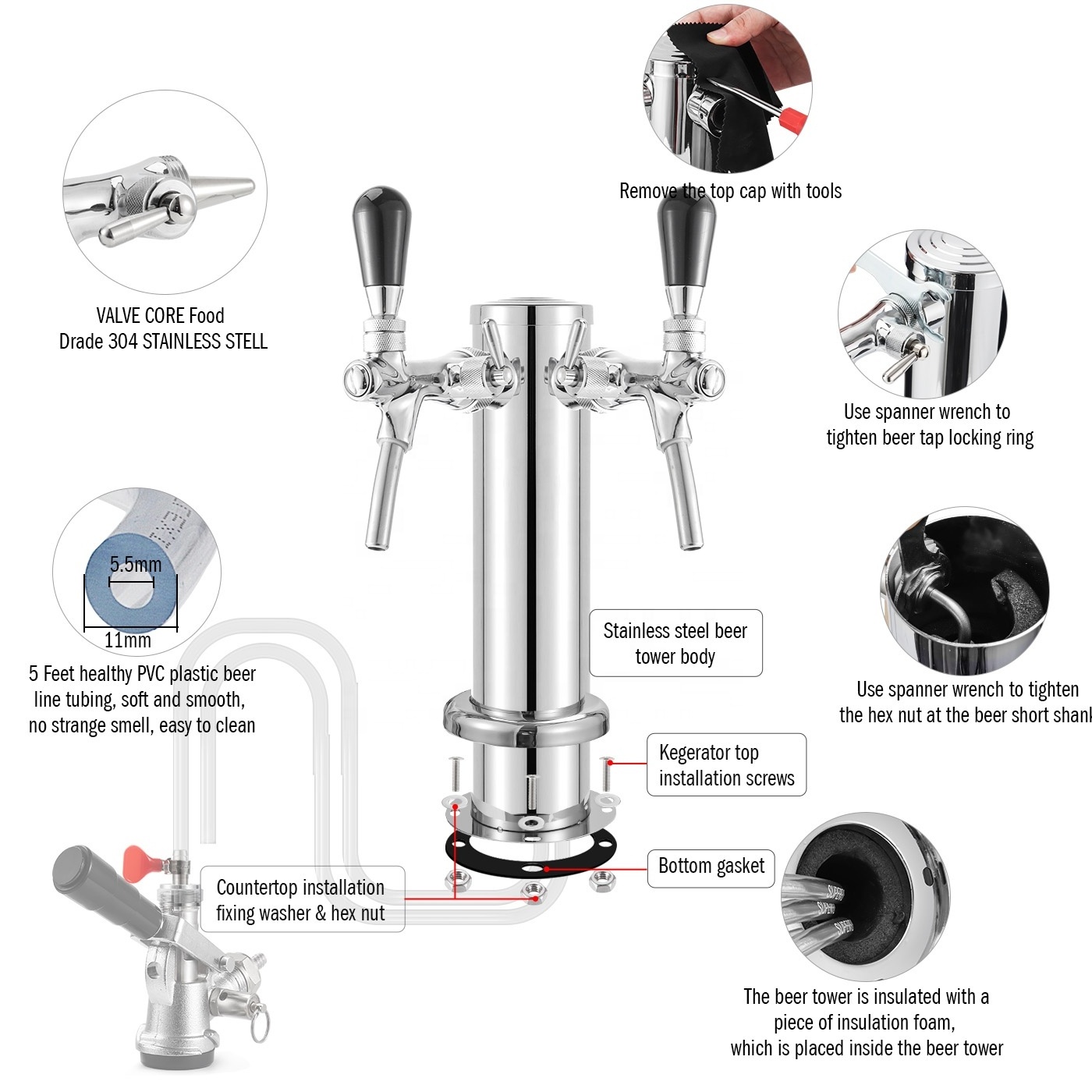 Beer Dispenser Kit Draft Beer Kegerator Tower Stainless Steel Beer Dispenser for Home & Bar ( 2 Flow Control Faucets )