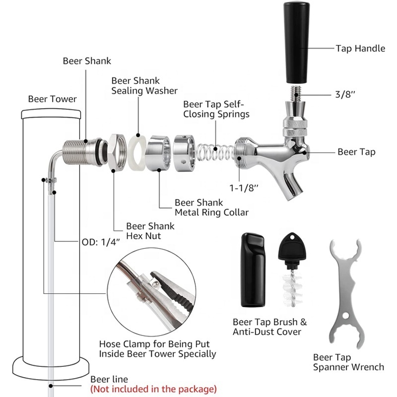 Draft Beer Faucet Beer Line Shank Kit Kegerator Parts Beer Tower Dispenser Replacement Set Self-Closing Tap for HomeBrewing