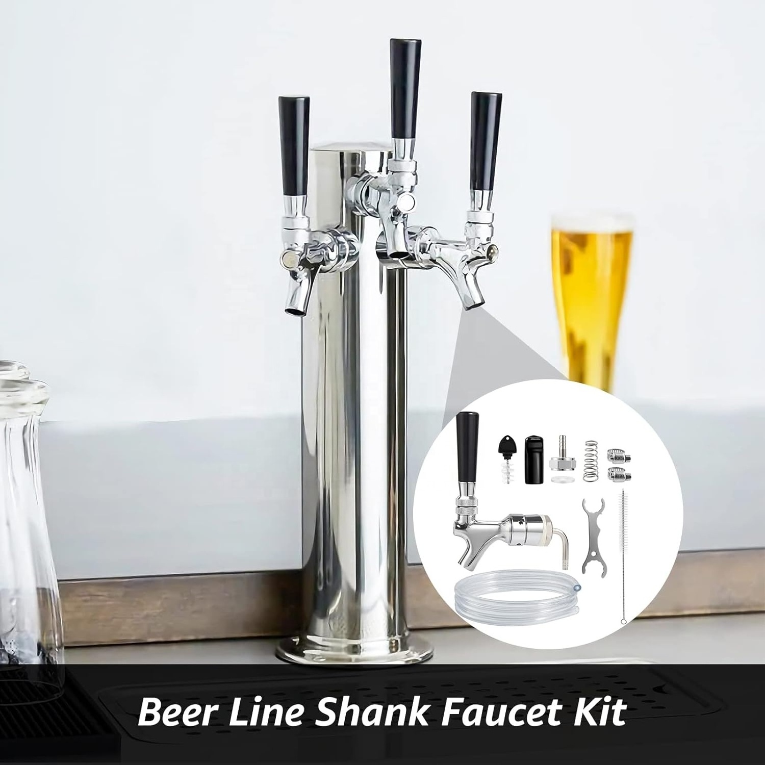 Beer Faucet Beer Tower Shank Faucet Replacement Set with Wrench Cleaning Brush Tap Cover Kegerator Parts