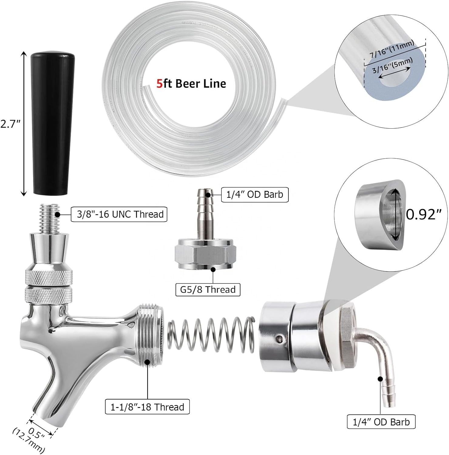 Beer Faucet Beer Tower Shank Faucet Replacement Set with Wrench Cleaning Brush Tap Cover Kegerator Parts