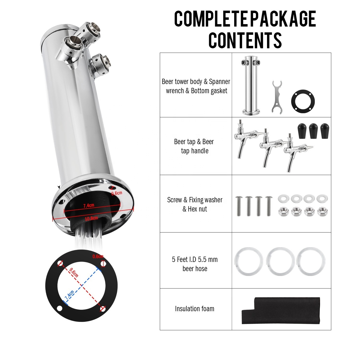 3 Tap Beer Tower Stainless Steel 3 inch Draft Beer Dispenser with Wrench & Beer Line with Hex Nut for Home Brewing