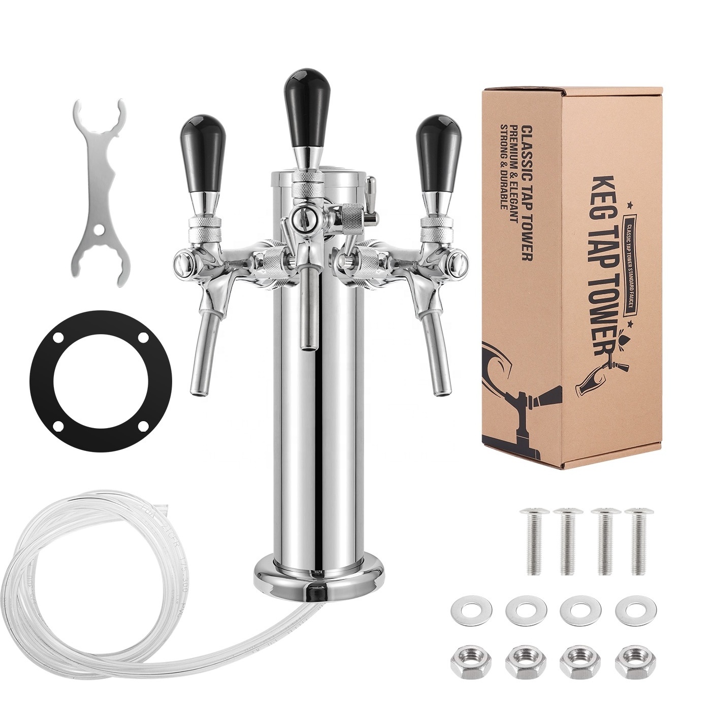 3 Tap Beer Tower Stainless Steel 3 inch Draft Beer Dispenser with Wrench & Beer Line with Hex Nut for Home Brewing