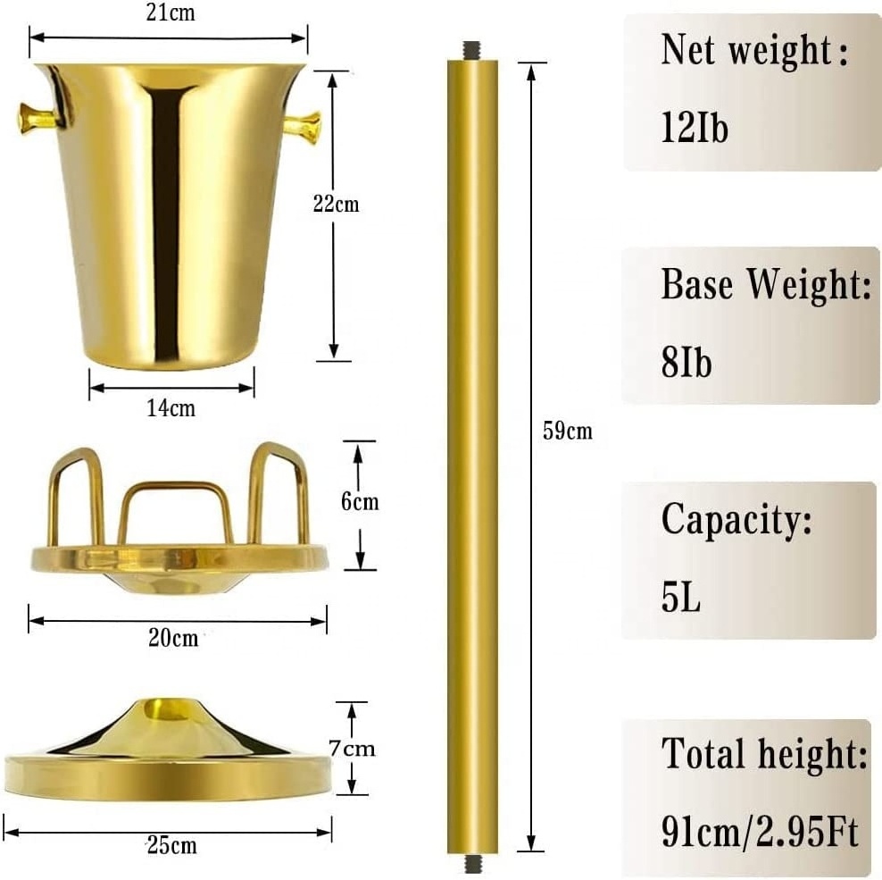 Ice Bucket with Stand Stainless Steel Standing Hammered Gold Ice Bucket with Carrying Handle For Clubs Bar Parties