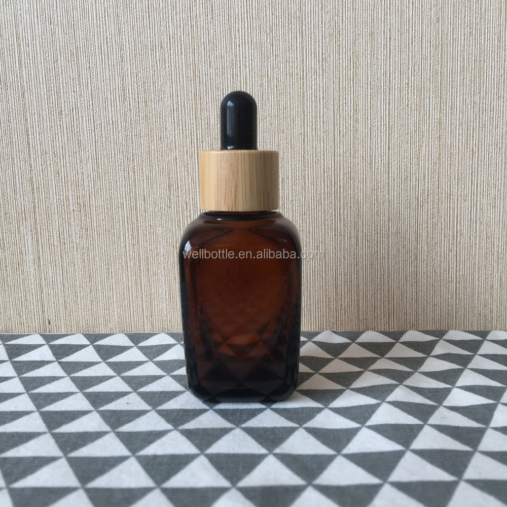 30ml amber square perfume bottle with dark wooden dropper cap Square-04R