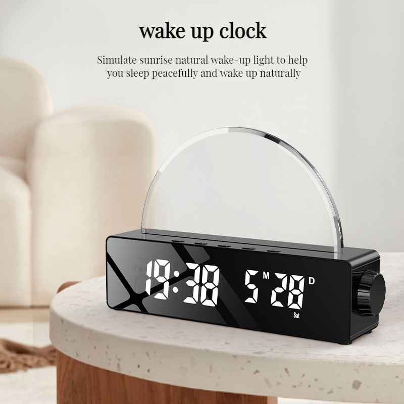 Digital Night Light Table Clock With FM Radio Sunset Wake Up Alarm Transparent Glass  RGB Sunrise Desk Clock