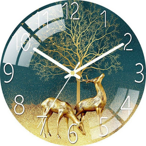 Customizable 12 inch Tempered Glass Wall Clock Deer Wall Clock Home Decor for Home Living Room Decoration