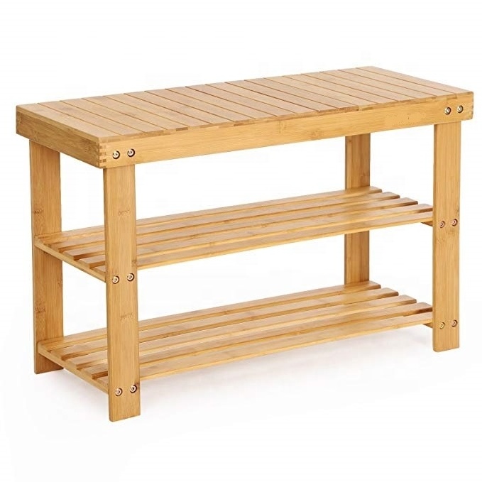 Sturdy Shoe Rack Bench 3-Tier Bamboo Shoe Organizer Ideal for Entryway