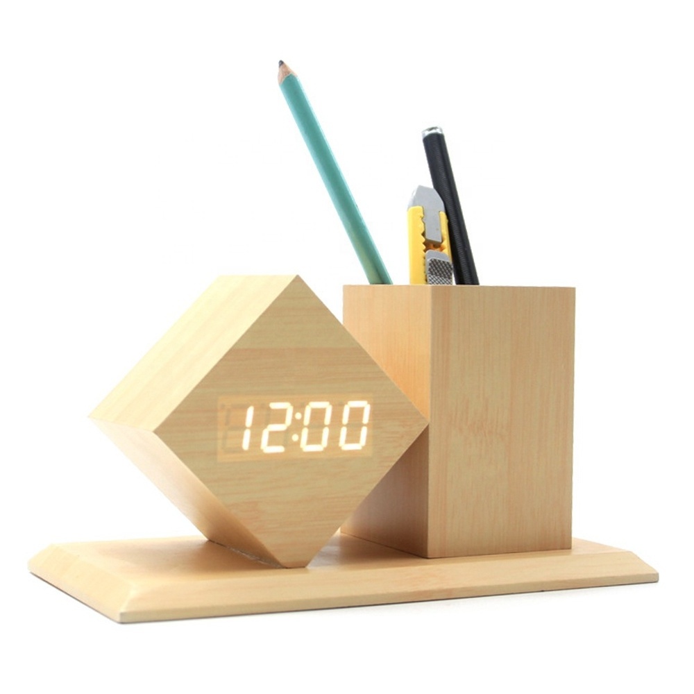 Office Creative Decoration Desk Alarm clock Pen Holder with Wood Digital LED Wooden Alarm Table Clock