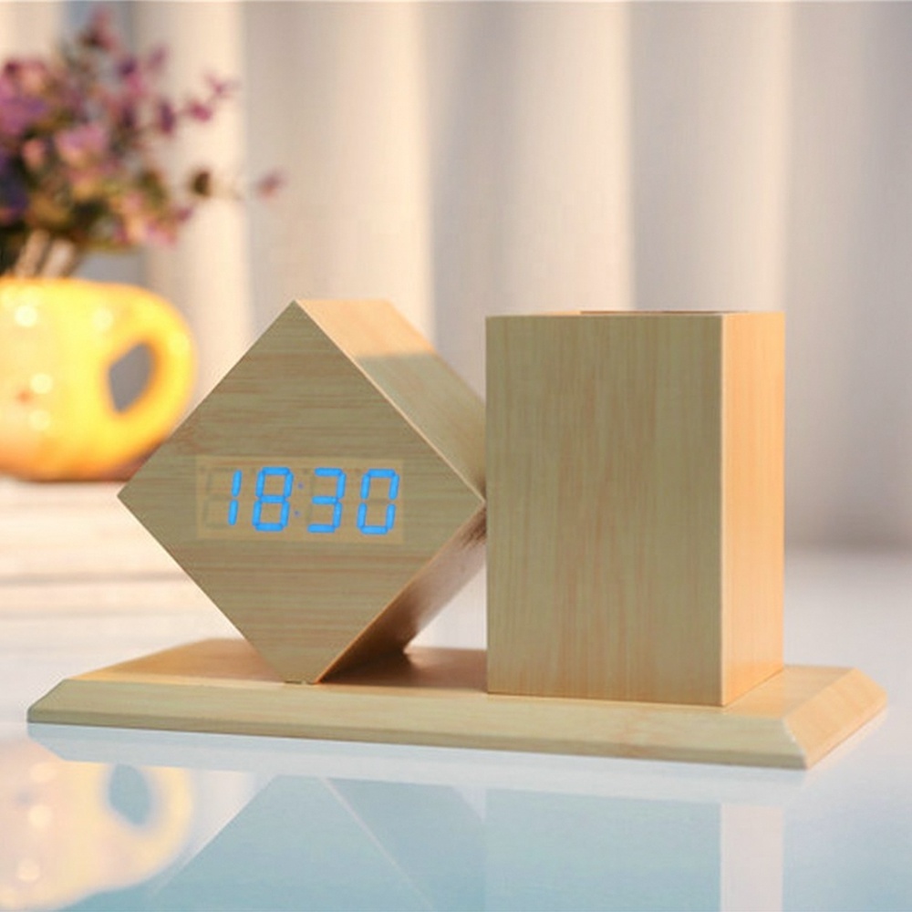 Office Creative Decoration Desk Alarm clock Pen Holder with Wood Digital LED Wooden Alarm Table Clock