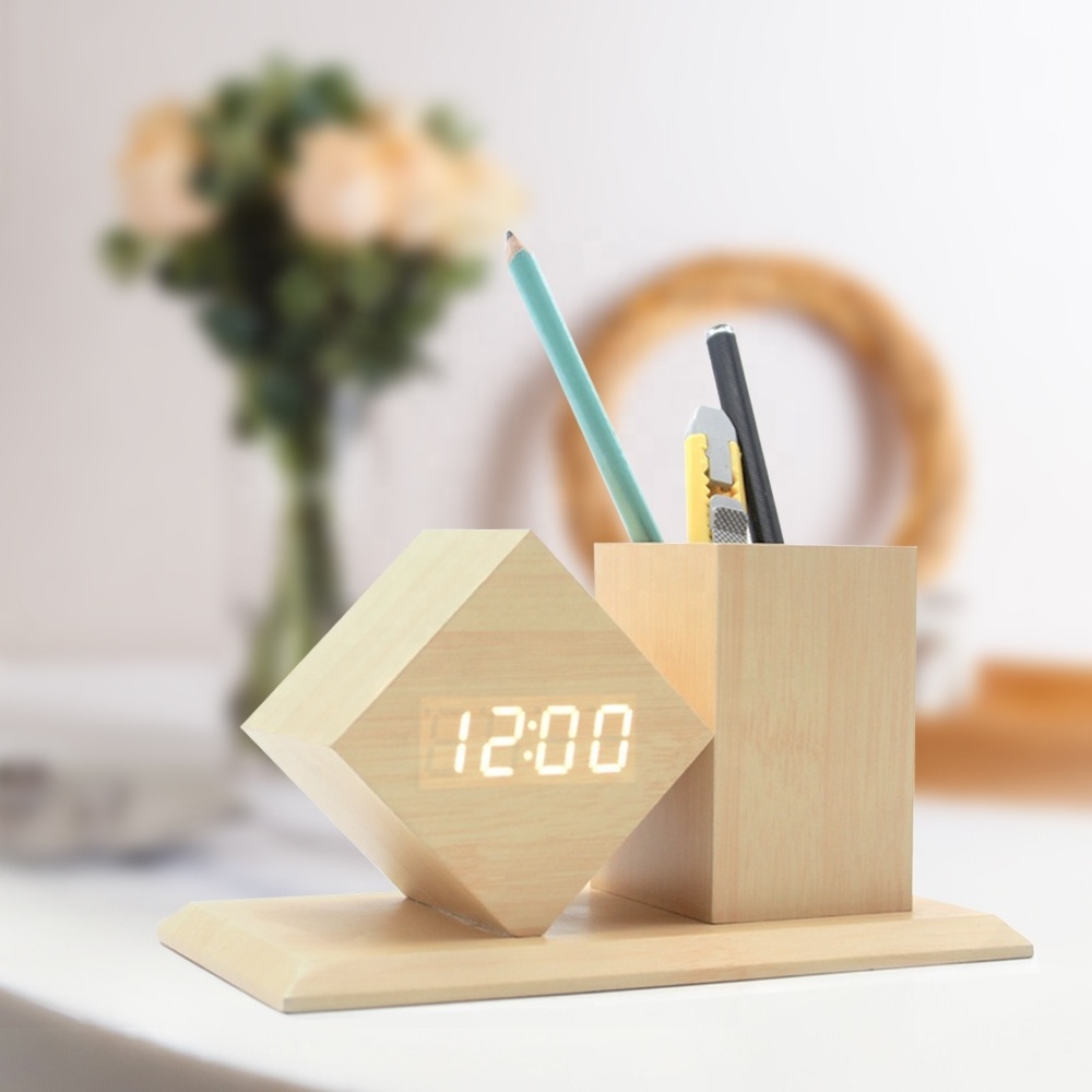 Office Creative Decoration Desk Alarm clock Pen Holder with Wood Digital LED Wooden Alarm Table Clock