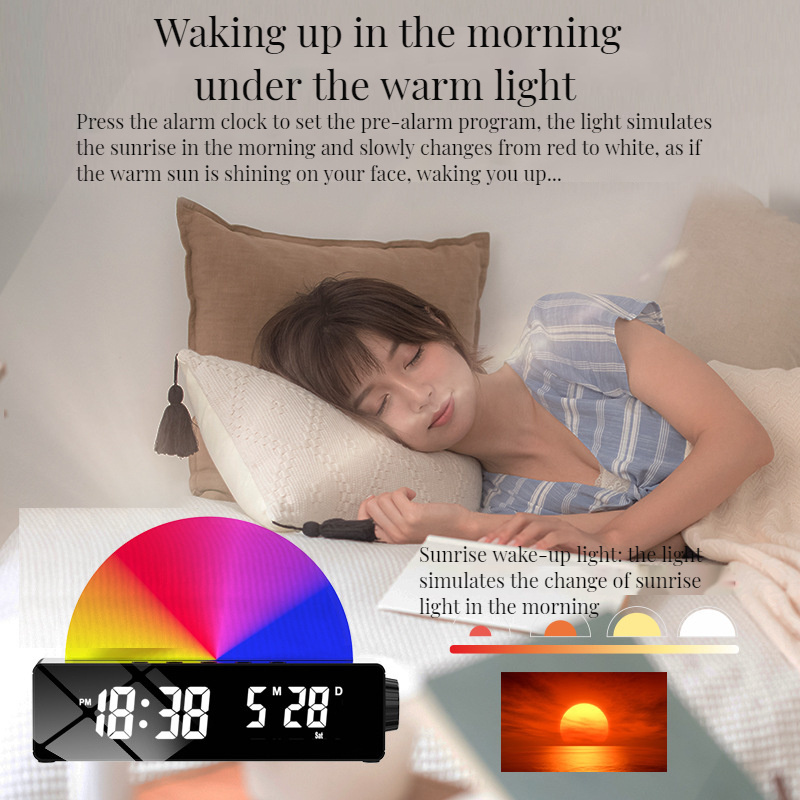 Digital Night Light Table Clock With FM Radio Sunset Wake Up Alarm Transparent Glass  RGB Sunrise Desk Clock