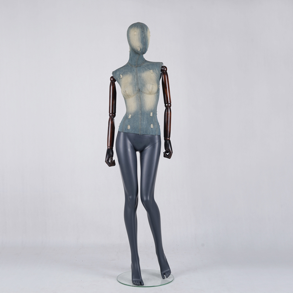 New design Denim fabric body and painted legs  female dress dummy fiberglass Mannequins with antique walnut wooden arms