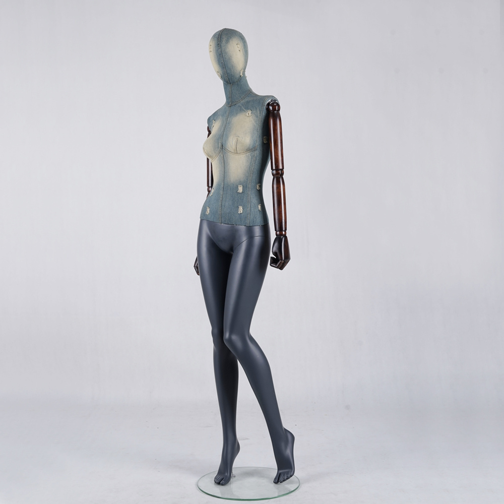 New design Denim fabric body and painted legs  female dress dummy fiberglass Mannequins with antique walnut wooden arms