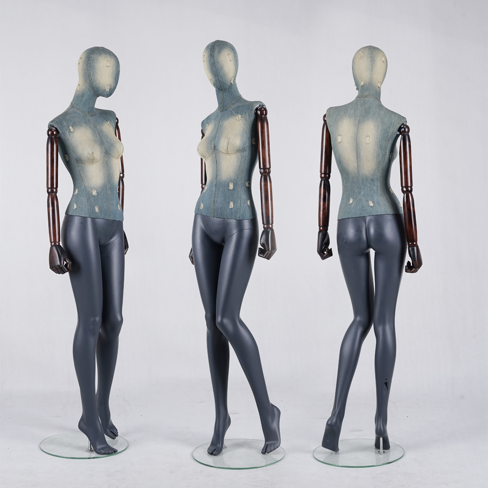 New design Denim fabric body and painted legs  female dress dummy fiberglass Mannequins with antique walnut wooden arms