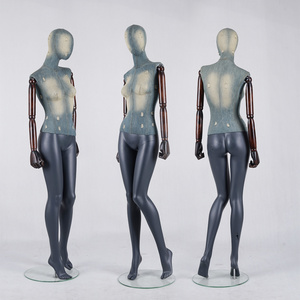 New design Denim fabric body and painted legs  female dress dummy fiberglass Mannequins with antique walnut wooden arms