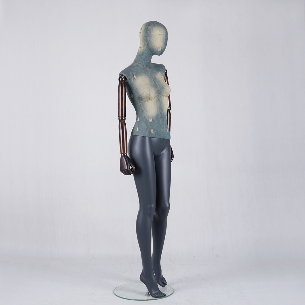 New design Denim fabric body and painted legs  female dress dummy fiberglass Mannequins with antique walnut wooden arms