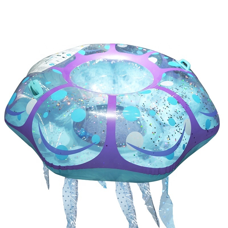 High quality jellyfish glitter transparent inflatable swim pool ring float with handles for adults