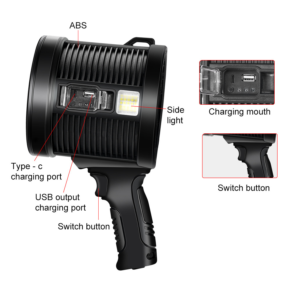 6 Modes Long Distance Solar Search Flashlight Panel Charging Waterproof USB Rechargeable Flashlight LED Search Light 3km