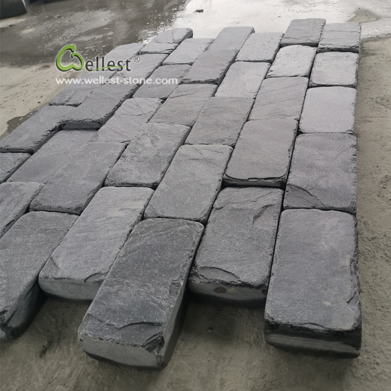 cheapest 20X10 cm antique natural black slate  paver bricks price cobble stone for driveway