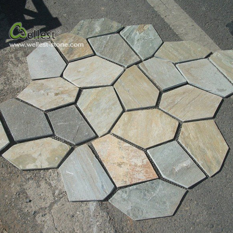 Yellow Wood Slate floor panel Random Crazy Flagstone Meshed Paver