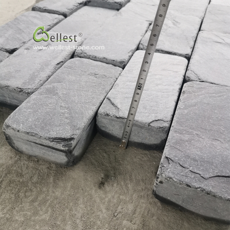 cheapest 20X10 cm antique natural black slate  paver bricks price cobble stone for driveway