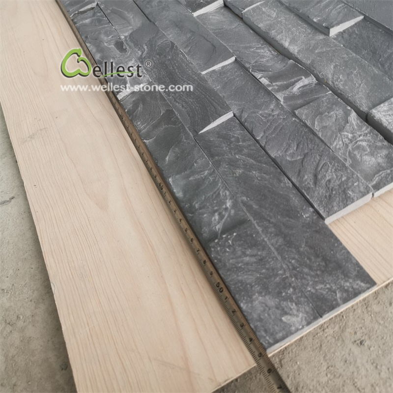 Riven black slate culture stone 4 strips 600x150 thin stone wall veneer