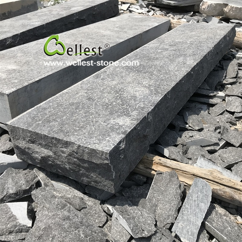 Natural split edge front acid blue limestone block step treads for garden and exterior stair case