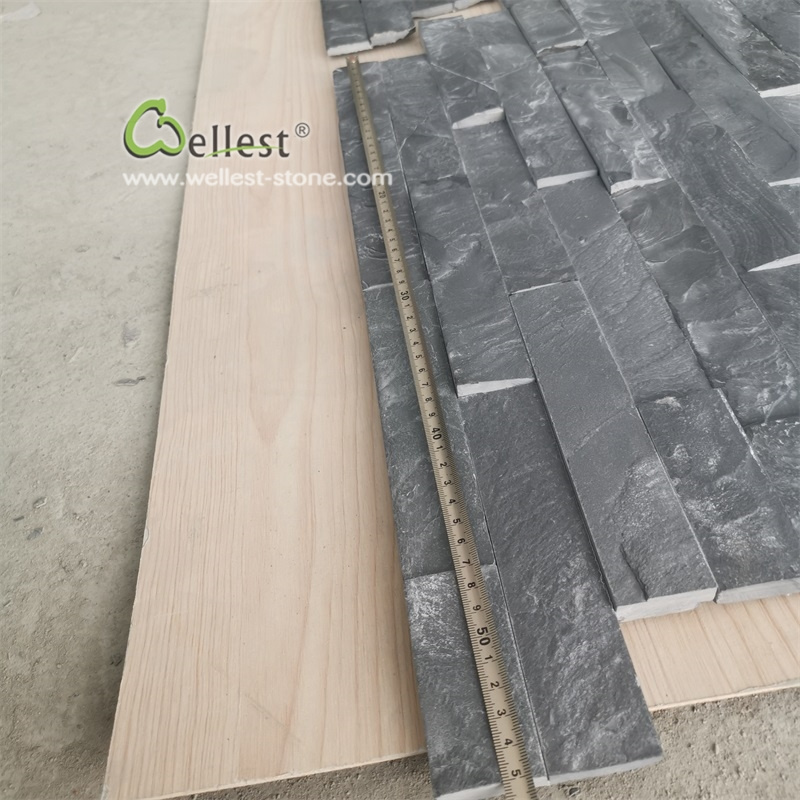 Riven black slate culture stone 4 strips 600x150 thin stone wall veneer