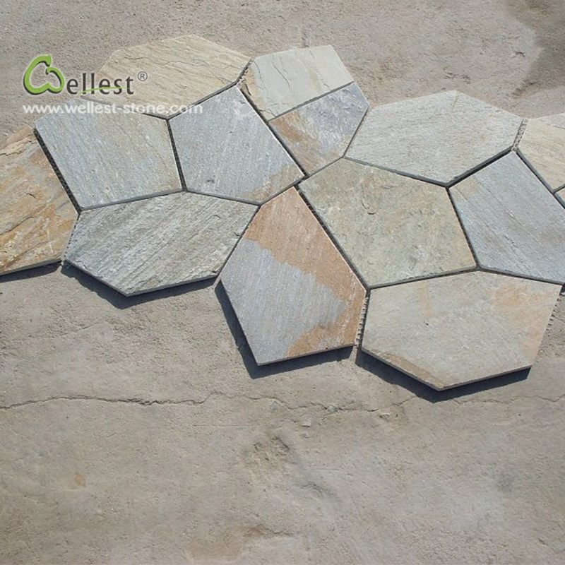 Yellow Wood Slate floor panel Random Crazy Flagstone Meshed Paver