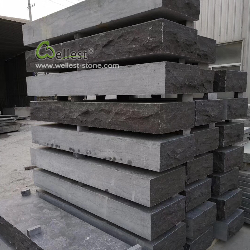 Natural split edge front acid blue limestone block step treads for garden and exterior stair case