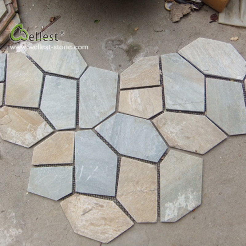 Yellow Wood Slate floor panel Random Crazy Flagstone Meshed Paver