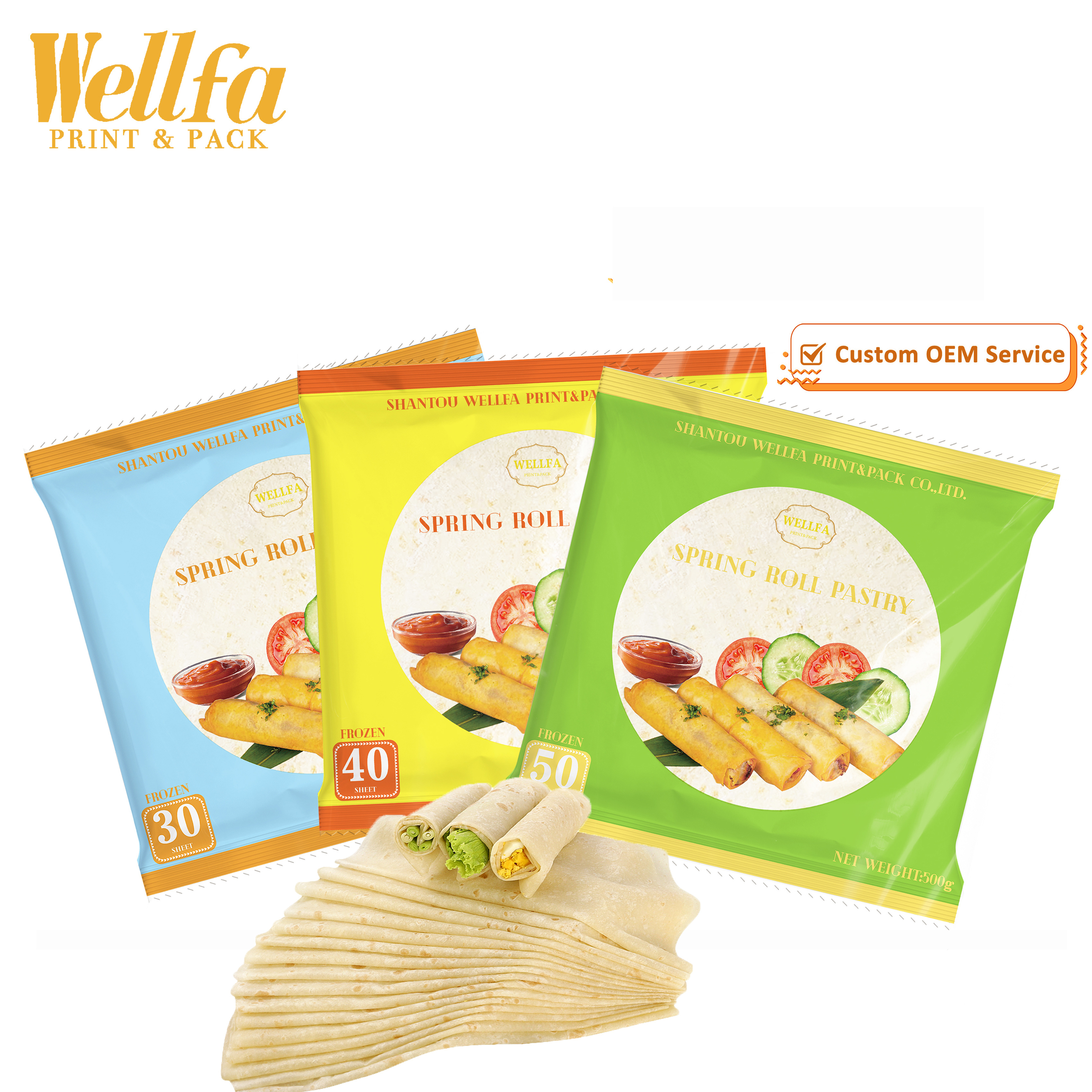 Custom Logo Samosas Empanada Fried Fish Seafood Vegetable Tortillas Packaging 3 Side Seal Frozen Pastry Spring Roll Food Bag