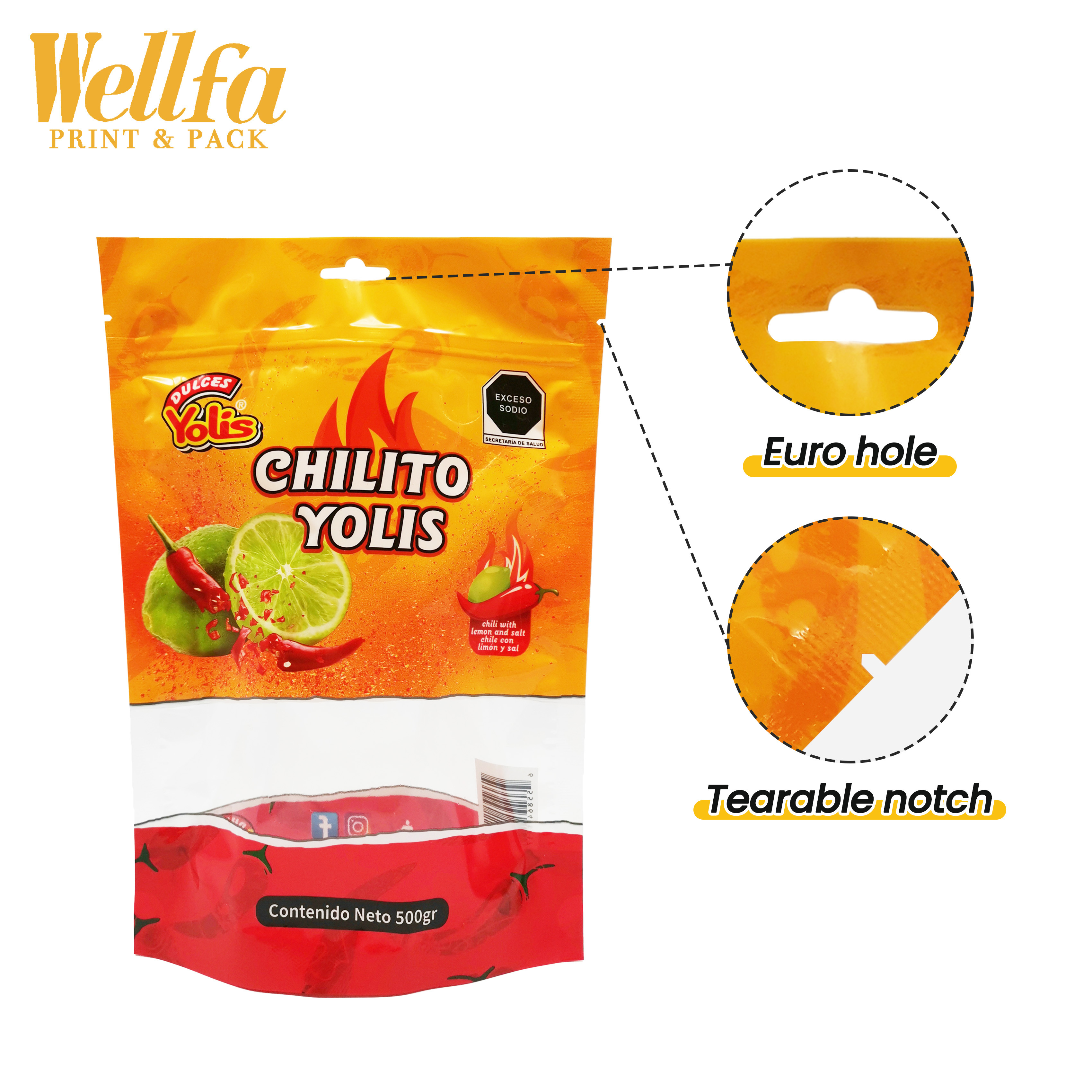 Bolsa Custom Food Grade Plastic Doypack 250g 500g Clear Window Stand Up Reusable Zipper Pouch Spice Chilli Powder Packaging Bags