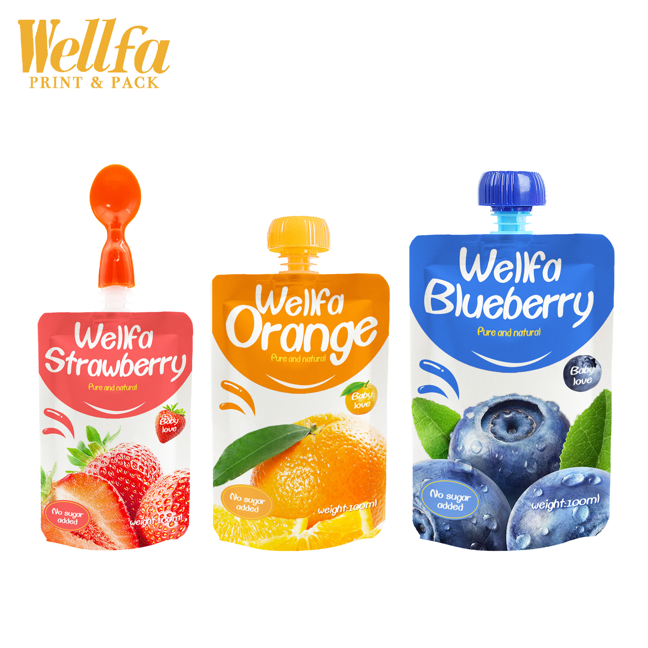 BPA Free Custom Printed Reusable Doypack Juice Beverage Organic Fruit Puree Squeeze Refill Packaging Bag Baby Food Spout Pouch