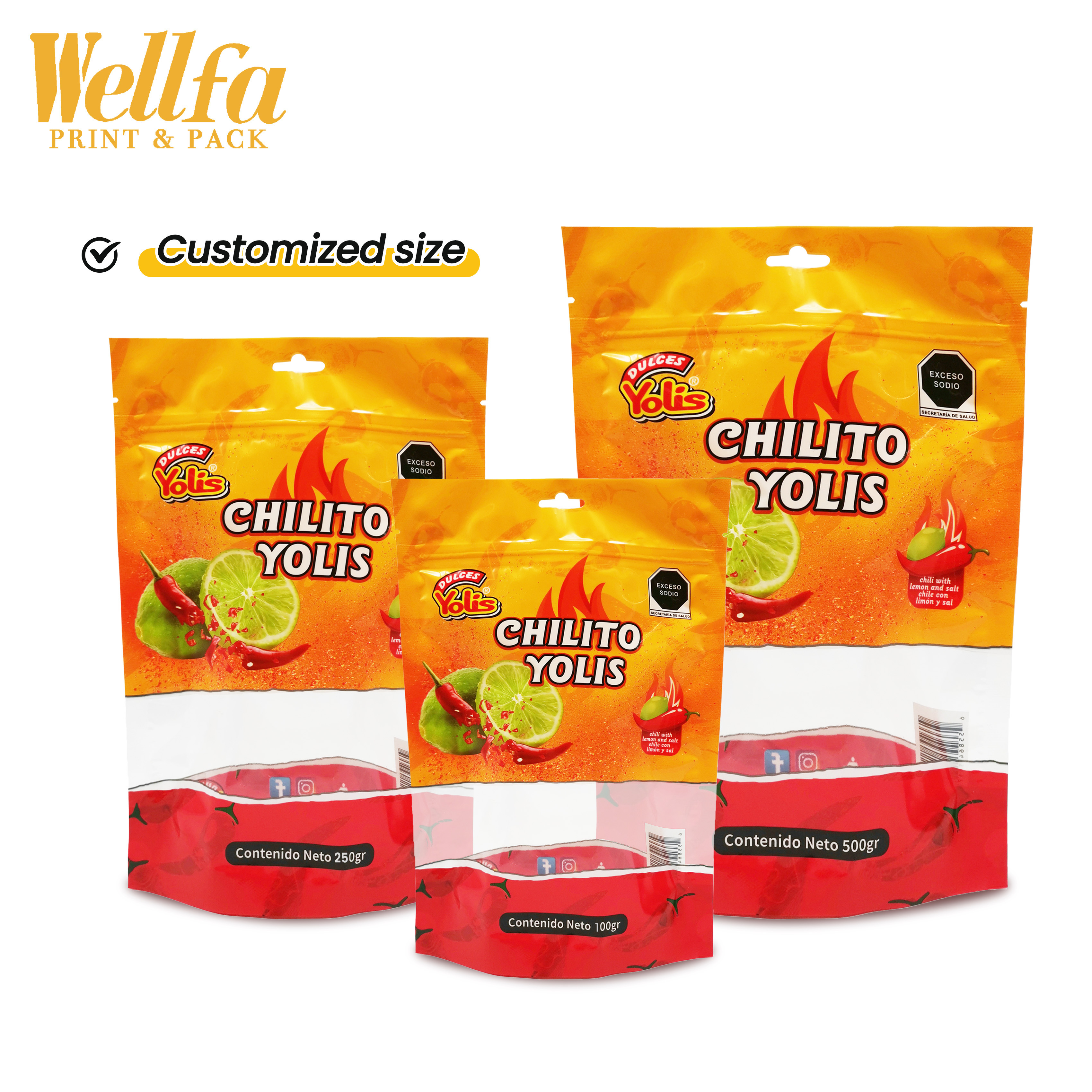 Bolsa Custom Food Grade Plastic Doypack 250g 500g Clear Window Stand Up Reusable Zipper Pouch Spice Chilli Powder Packaging Bags