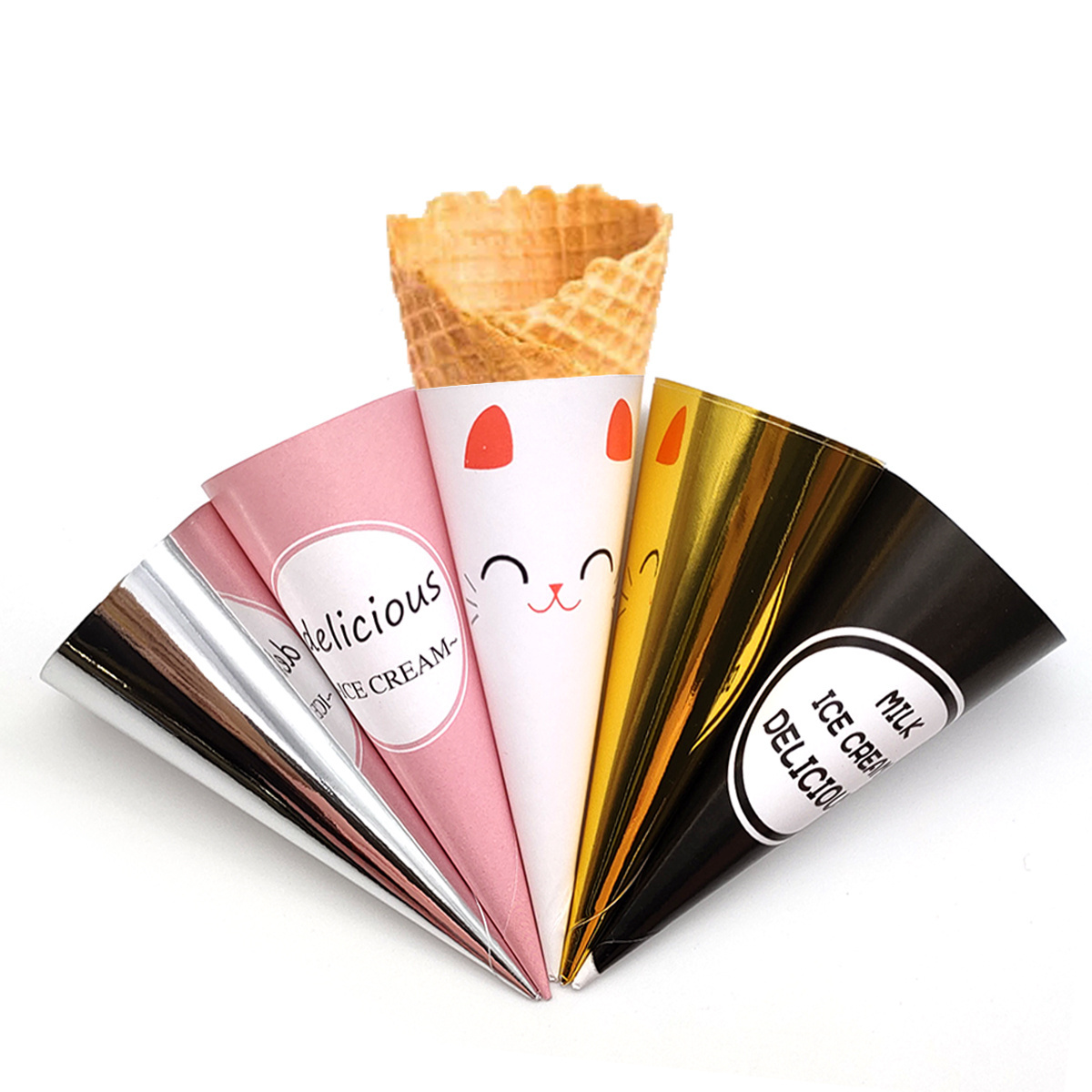 Custom Design Printed Logo Colorful Disposable Paper Foil Cone Cups Holders For Ice Cream Ice Cream Paper Rolled Cone Sleeves Cu