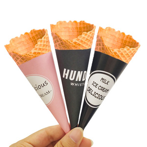 Custom Design Printed Logo Colorful Disposable Paper Foil Cone Cups Holders For Ice Cream Ice Cream Paper Rolled Cone Sleeves Cu