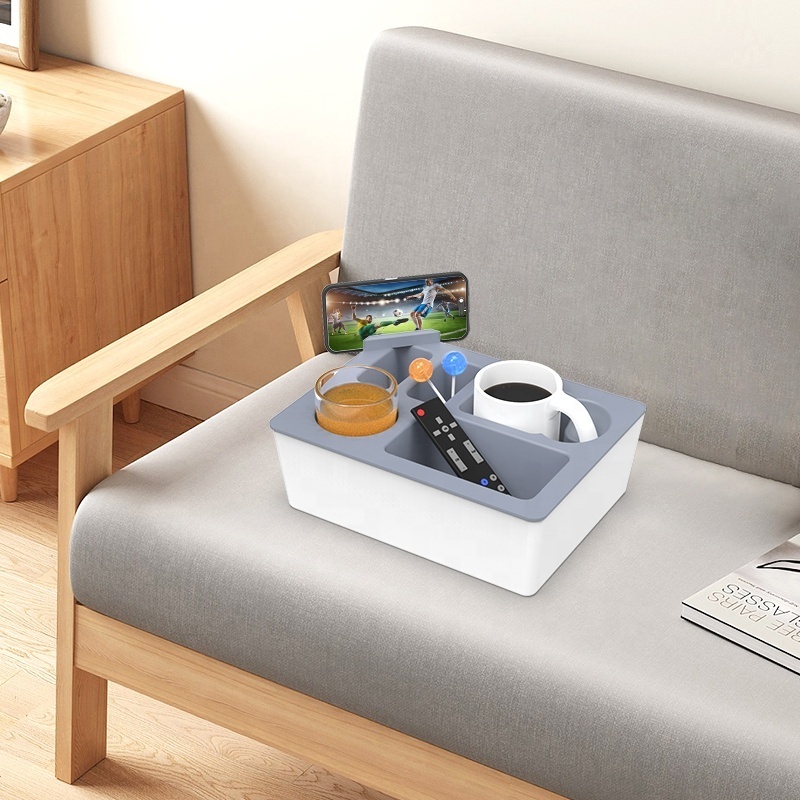 Anti-slip Couch Cup Holder Tray Couch Console Cup Holder for Sofa Food Grade Silicone Couch Caddy with Rotatable Phone Holder