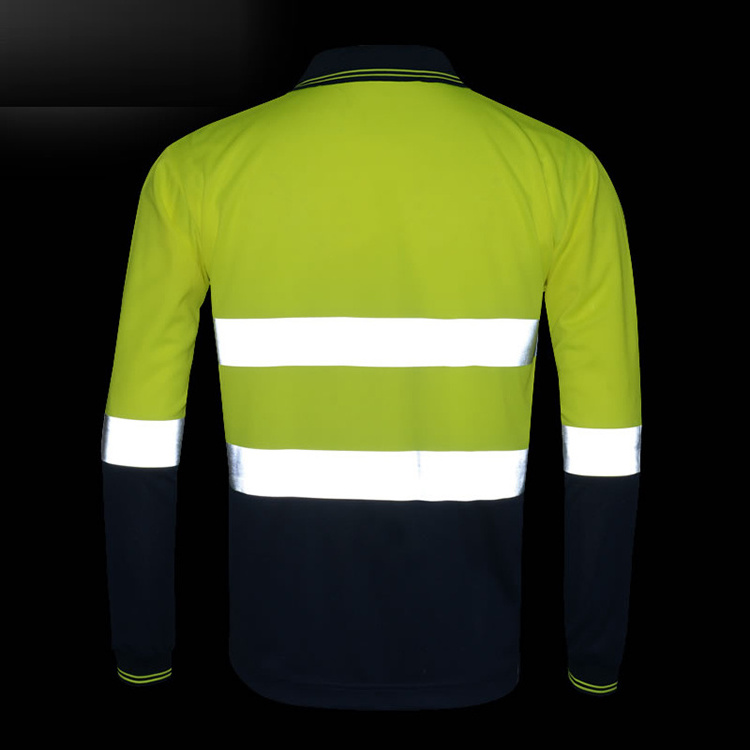 reflective fluorescent yellow and black striped safety work polo shirt for men