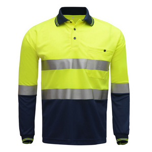 reflective fluorescent yellow and black striped safety work polo shirt for men